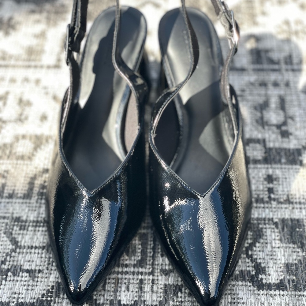 Glossy Black Pointed Slingback Heels